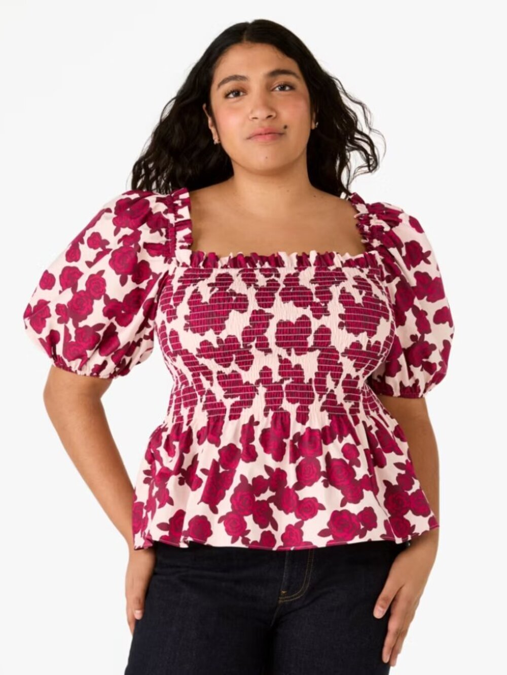 Kate Spade Rosy Florets Puff Sleeve Top Shirt Cotton Smocked Floral White XL